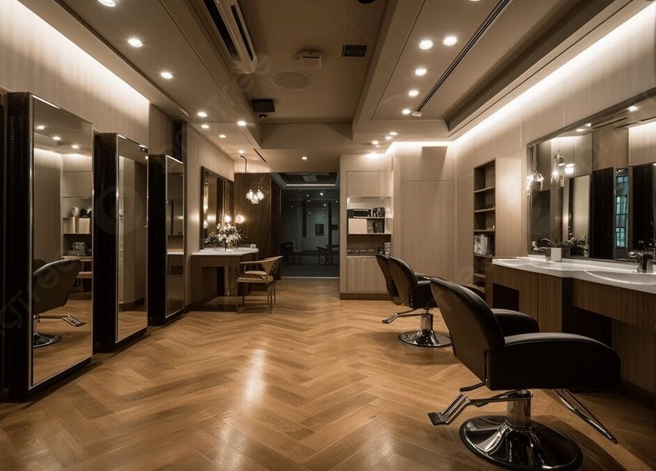 Chic salon interior of Bella's Beauty Bar, Vancouver, BC, CA with sleek chairs and ambient lighting.