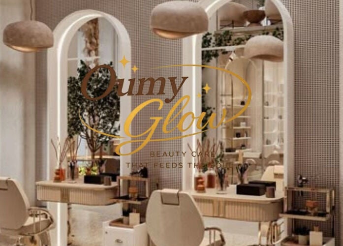 Luxurious salon interior at Oumy Glow in Pennsylvania, Pennsylvania, US, showcasing elegant decor and styling stations.