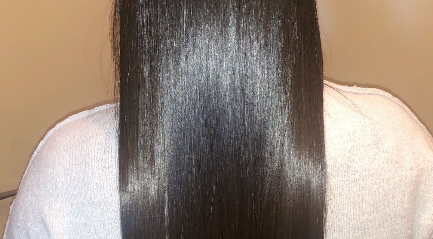 Smooth, shiny hair treatment result at VIP Beauty Studio, Sherwood Park, Alberta, CA.