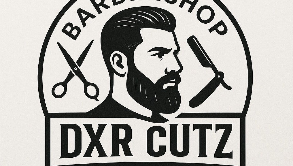 Dxr Cutz logo featuring barber tools and a bearded man in Enschede, Overijssel, NL.