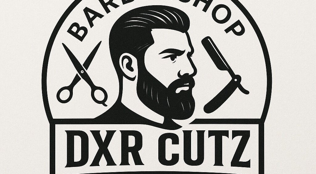 Dxr Cutz logo featuring barber tools and a bearded man in Enschede, Overijssel, NL.