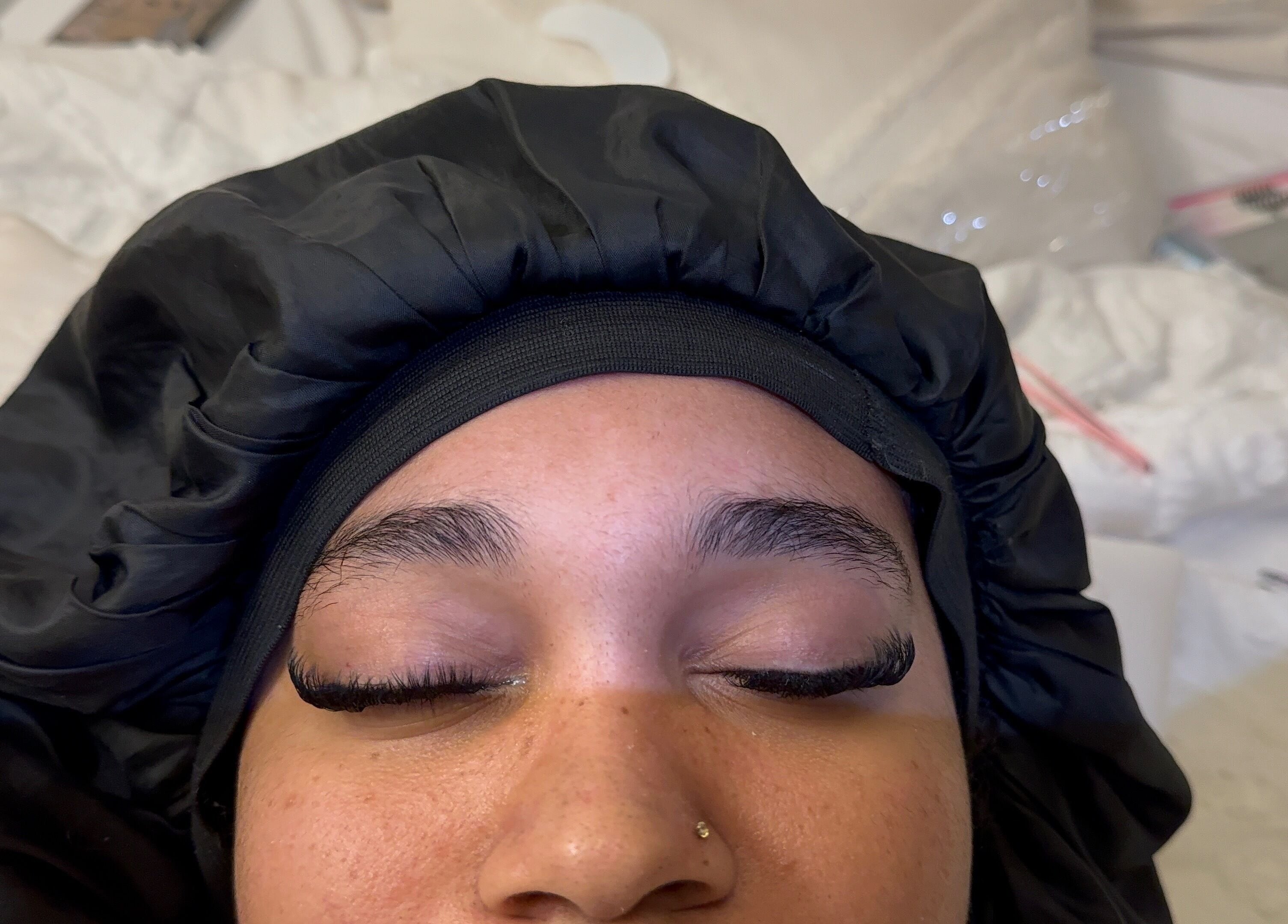 Client with newly applied lashes at Eyelashes_by_san in Greater Sudbury, Ontario, CA.