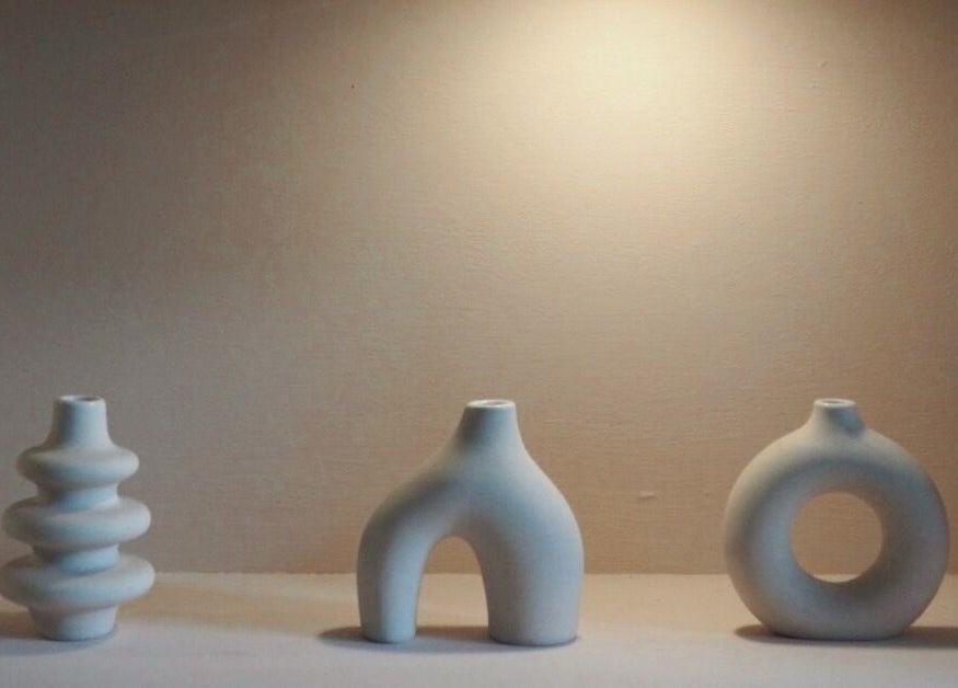 Abstract vases decor at Manicure by Elizabeth, Hyde, England, GB; contemporary aesthetic.