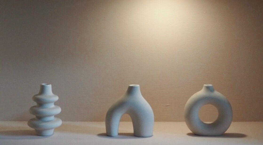 Abstract vases decor at Manicure by Elizabeth, Hyde, England, GB; contemporary aesthetic.