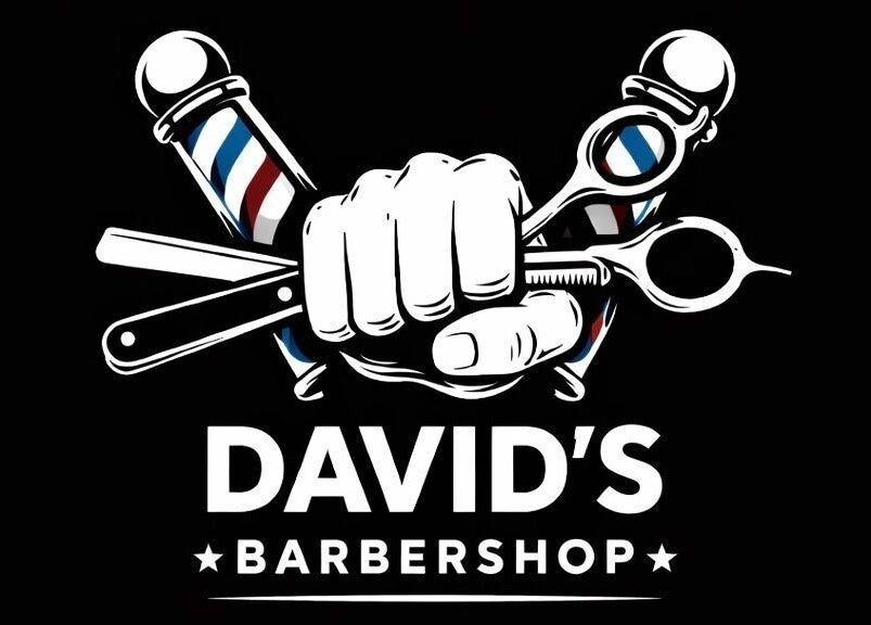 Bold logo of David Barbershop with iconic barber tools in Vadu Săpat, Județul Prahova, RO.