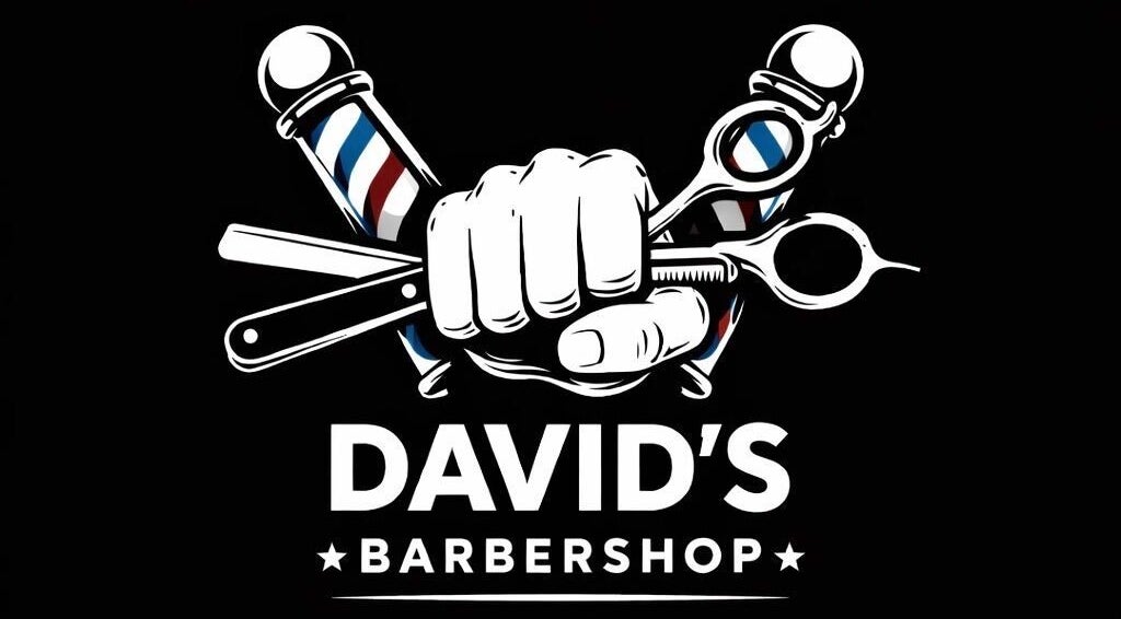 Bold logo of David Barbershop with iconic barber tools in Vadu Săpat, Județul Prahova, RO.