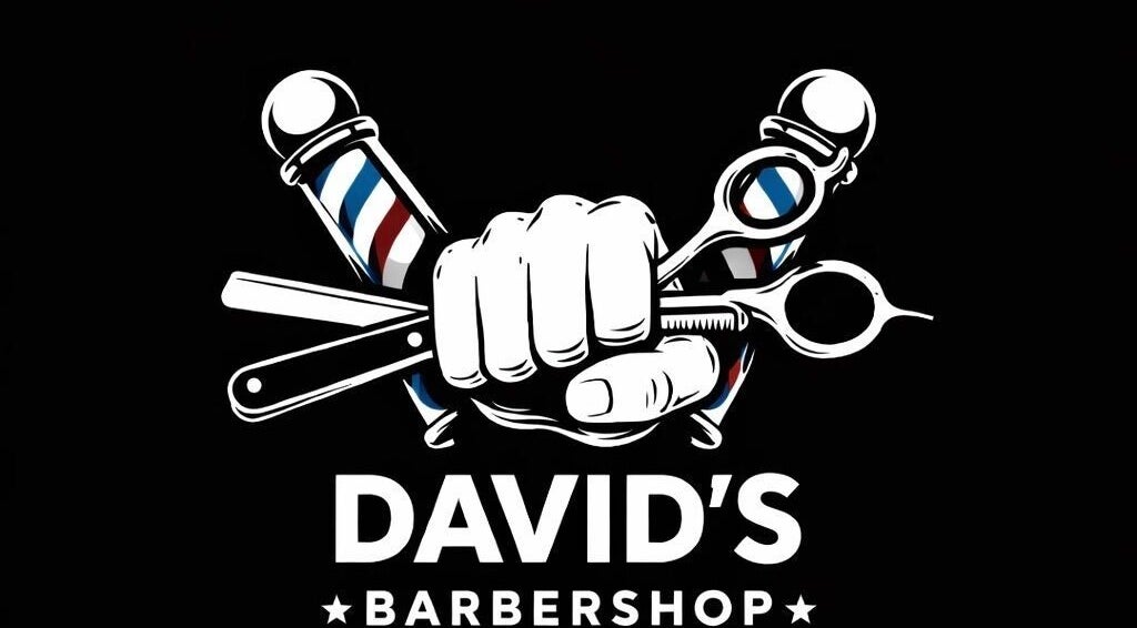 Logo of David Barbershop in Vadu Săpat, Județul Prahova, RO featuring barber tools and a hand.