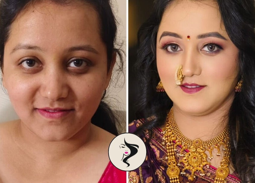 Before and after bridal makeover at Beauty Buzz, Pimpri-Chinchwad, Maharashtra, IN.