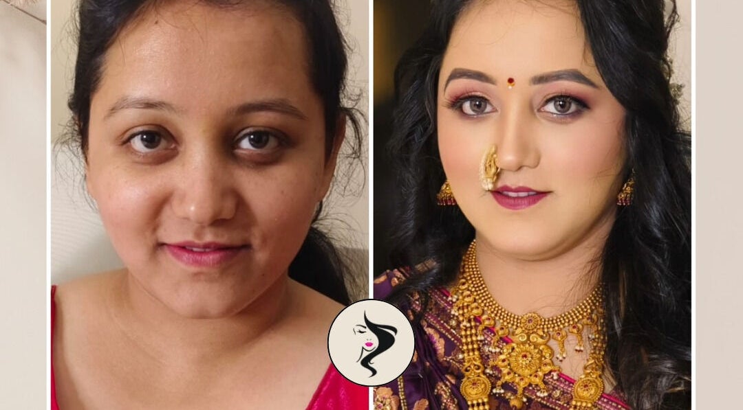 Before and after bridal makeover at Beauty Buzz, Pimpri-Chinchwad, Maharashtra, IN.