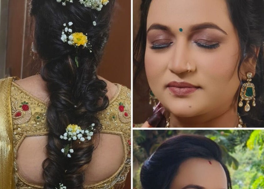 Beautiful hairstyle and makeup at Beauty Buzz, Pimpri-Chinchwad, Maharashtra, IN showcasing floral designs.