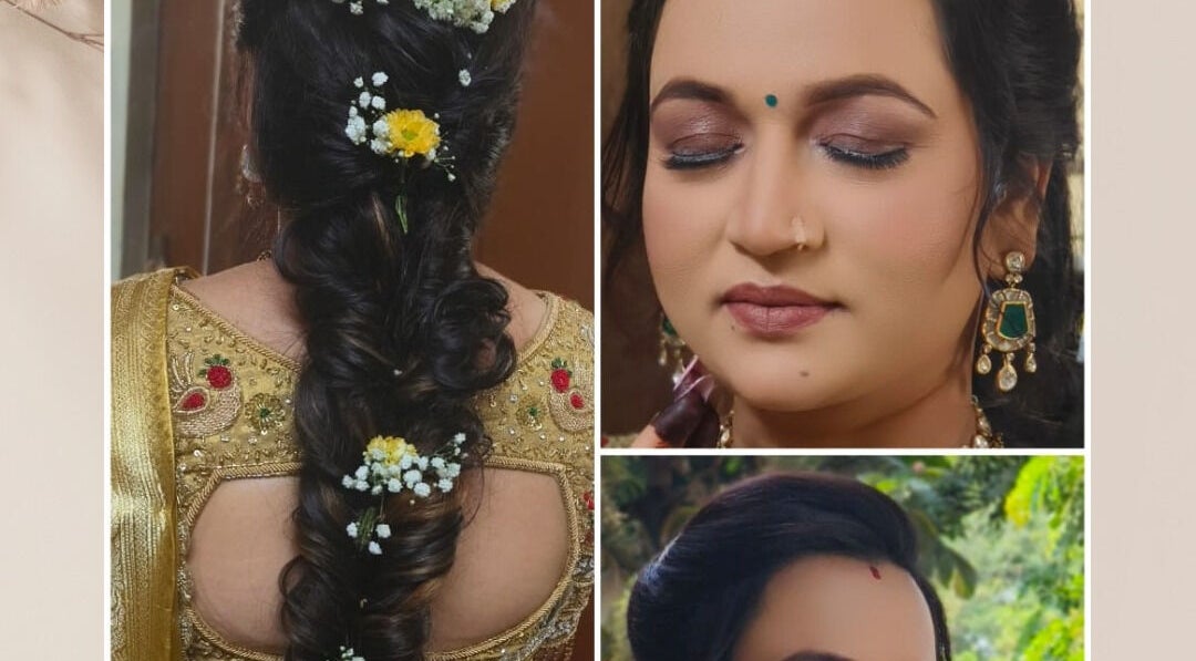 Beautiful hairstyle and makeup at Beauty Buzz, Pimpri-Chinchwad, Maharashtra, IN showcasing floral designs.