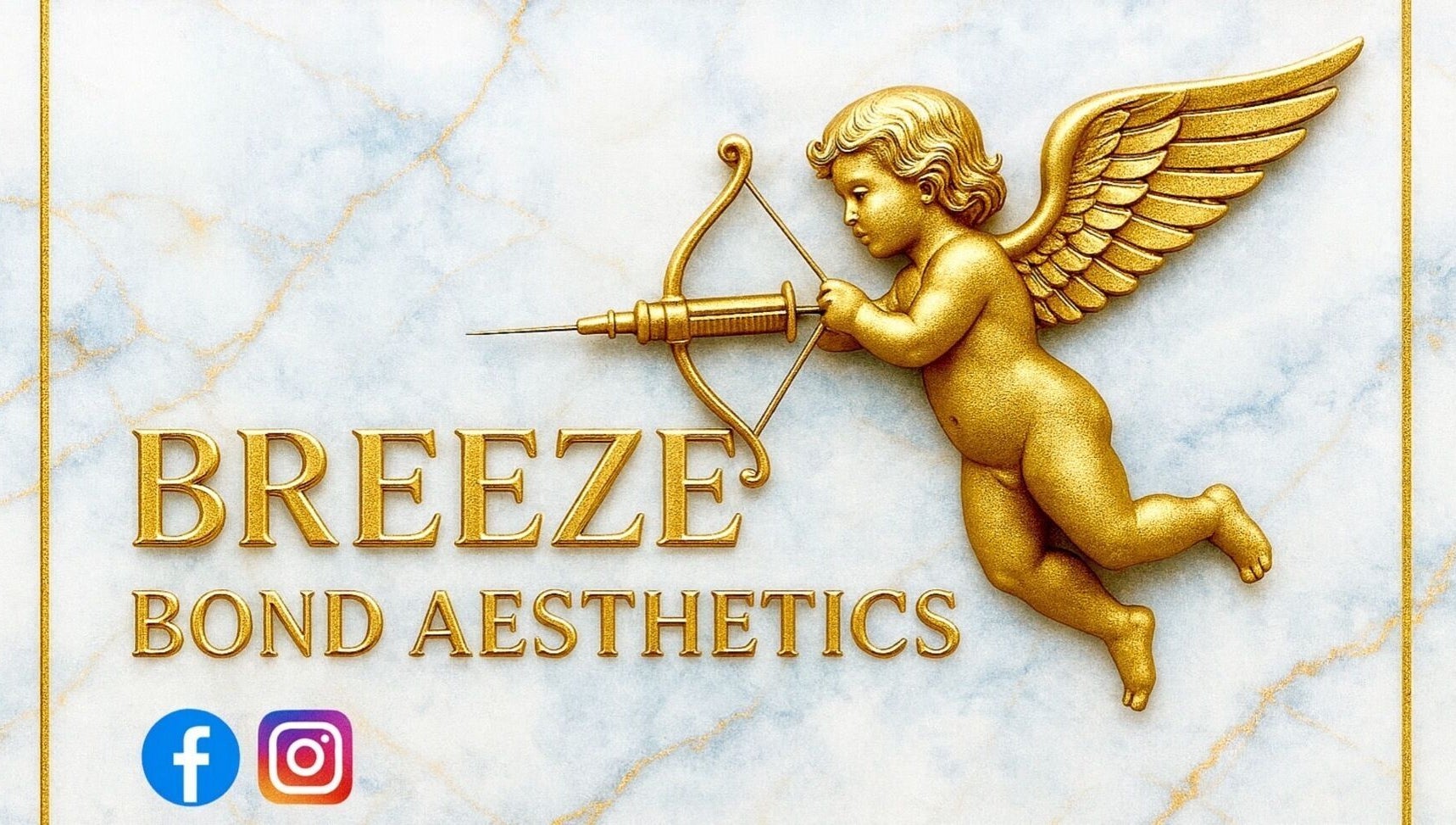 Golden cherub with bow at Breezebondaesthetics, Torquay, England, GB. Elegant marble backdrop with brand name.