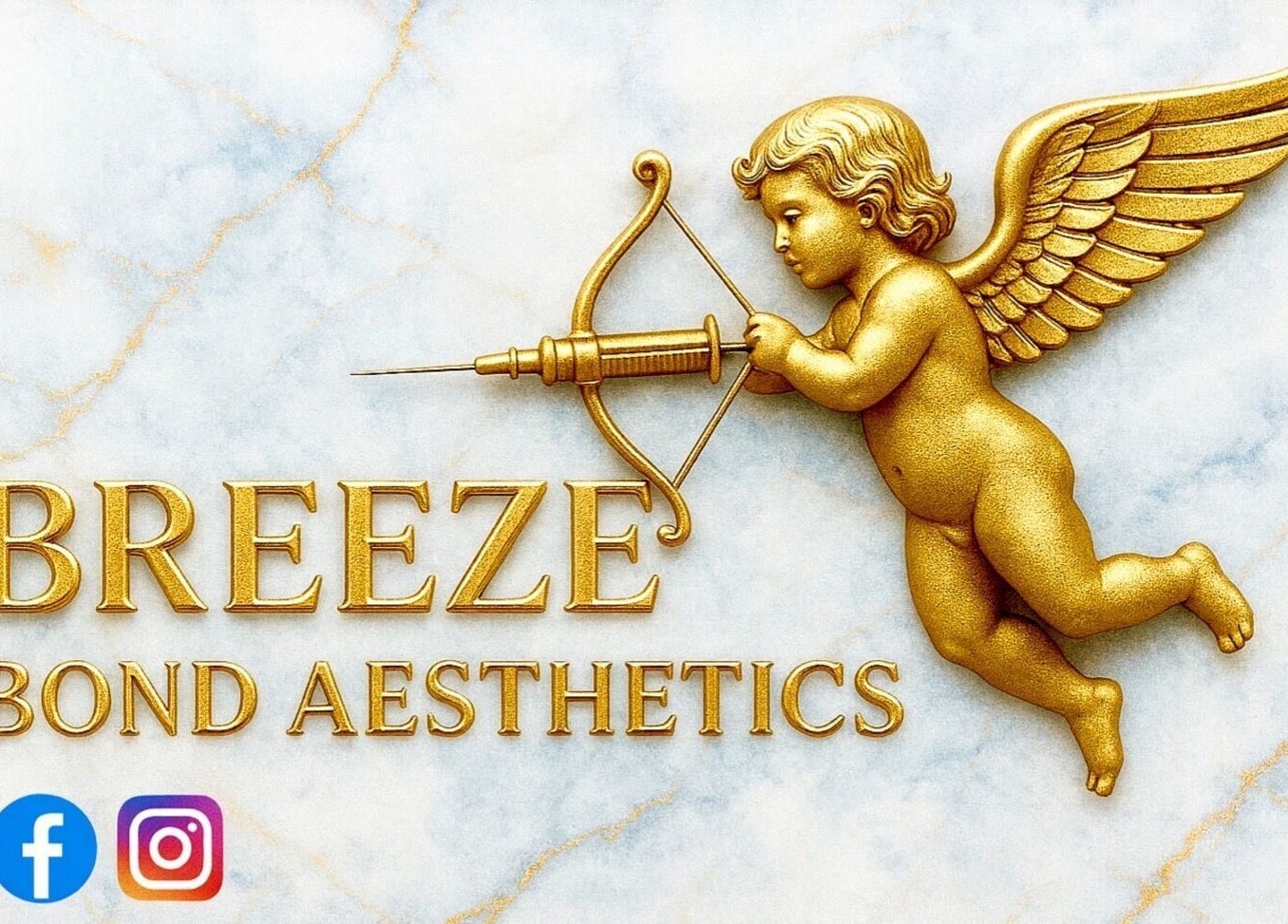 Golden cherub with bow at Breezebondaesthetics, Torquay, England, GB. Elegant marble backdrop with brand name.
