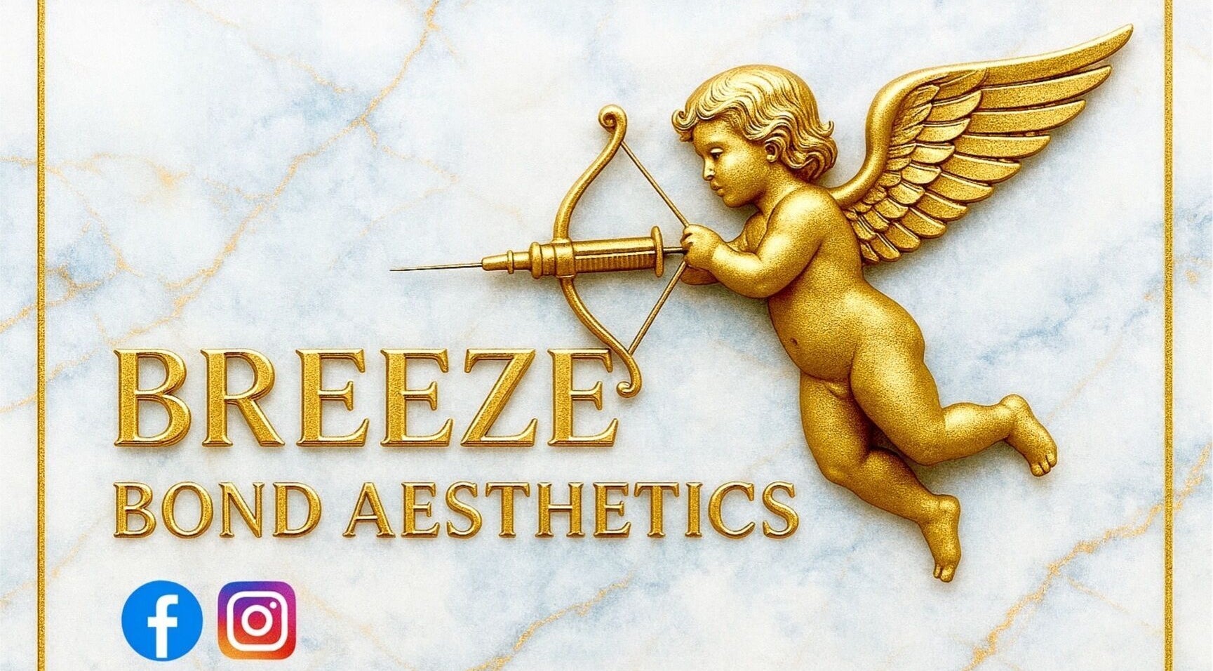 Golden cherub with bow at Breezebondaesthetics, Torquay, England, GB. Elegant marble backdrop with brand name.