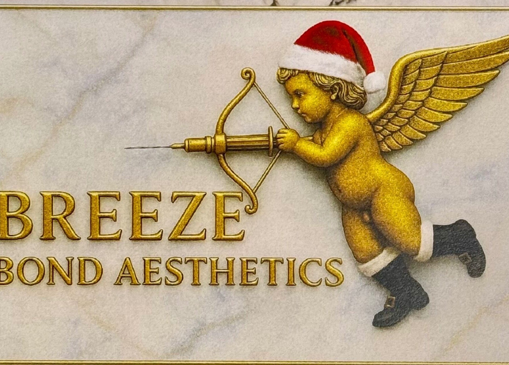 Golden cherub with Santa hat and bow at Breezebondaesthetics, Torquay, England, GB.