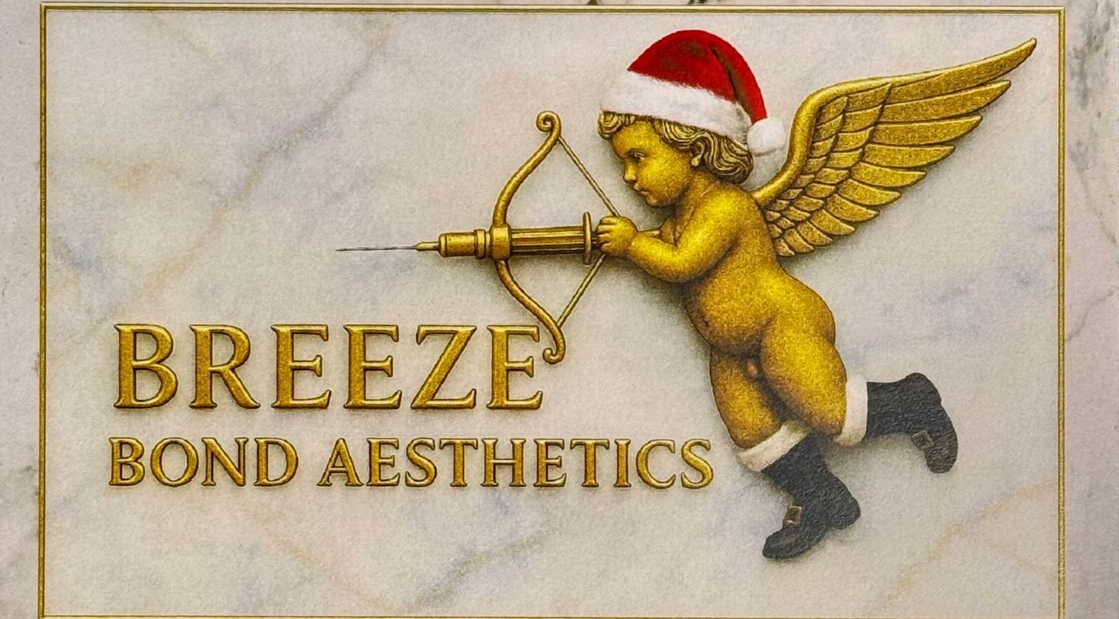 Golden cherub with Santa hat and bow at Breezebondaesthetics, Torquay, England, GB.