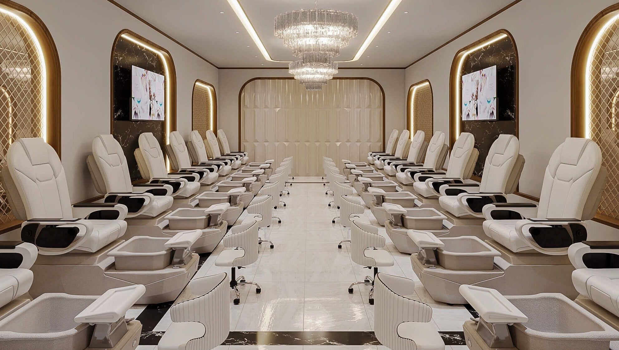 Elegant pedicure area at Nail Matrix, Fort Erie, Ontario, CA showcasing plush seats and chic decor.