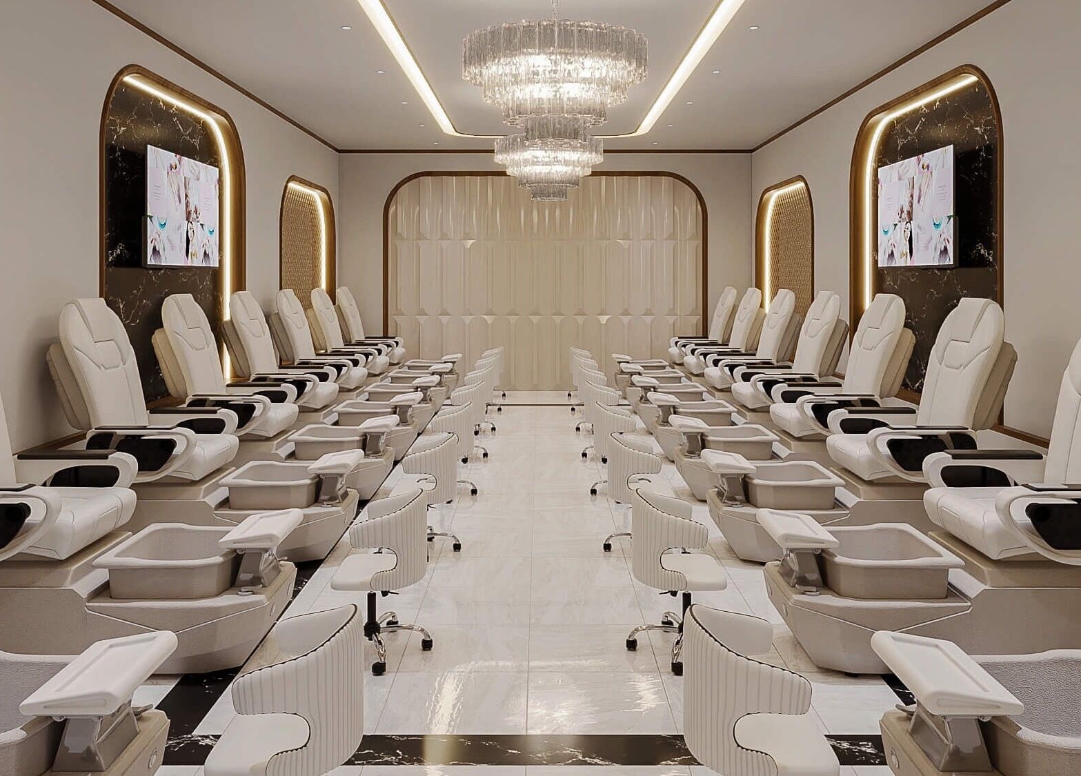 Elegant pedicure area at Nail Matrix, Fort Erie, Ontario, CA showcasing plush seats and chic decor.