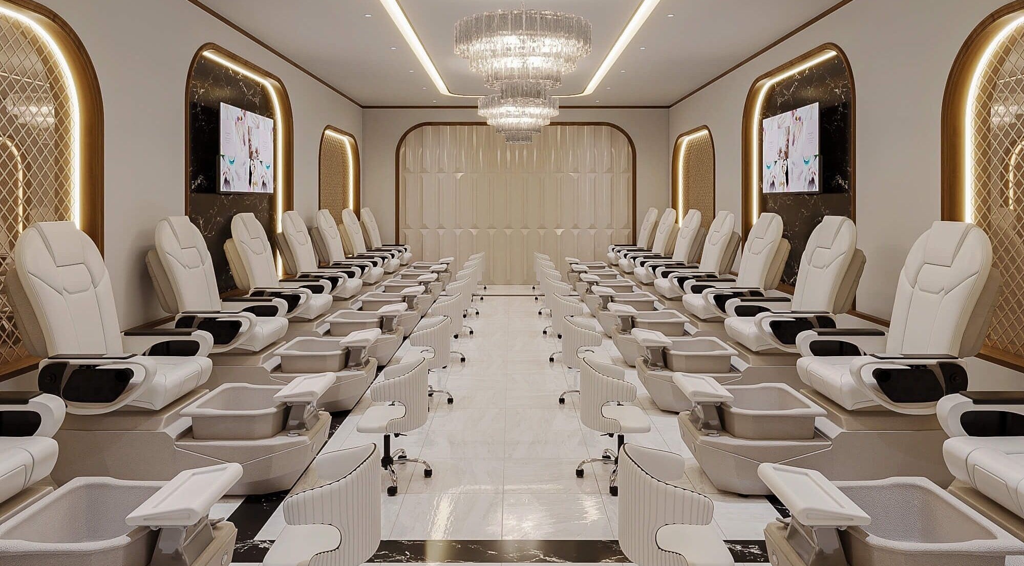 Elegant pedicure area at Nail Matrix, Fort Erie, Ontario, CA showcasing plush seats and chic decor.
