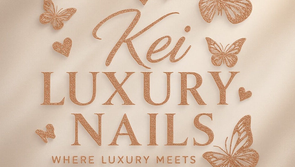 Kei Luxe Nails logo with butterflies and hearts, located in Oxford, Massachusetts, US.