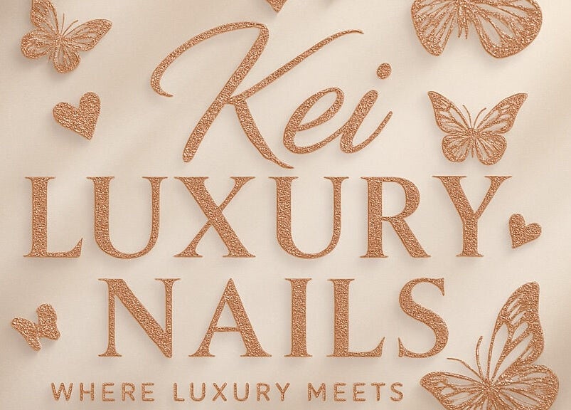 Kei Luxe Nails logo with butterflies and hearts, located in Oxford, Massachusetts, US.