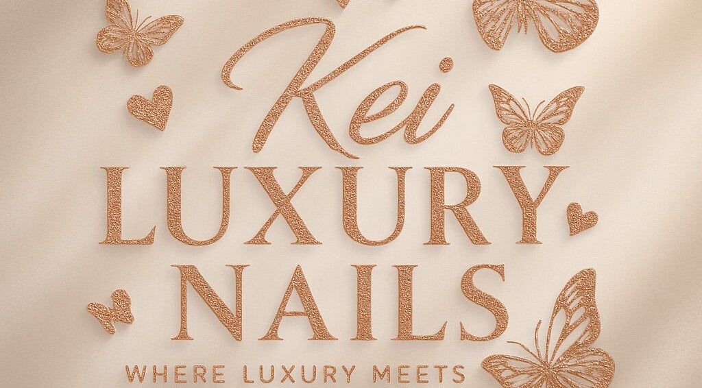 Kei Luxe Nails logo with butterflies and hearts, located in Oxford, Massachusetts, US.