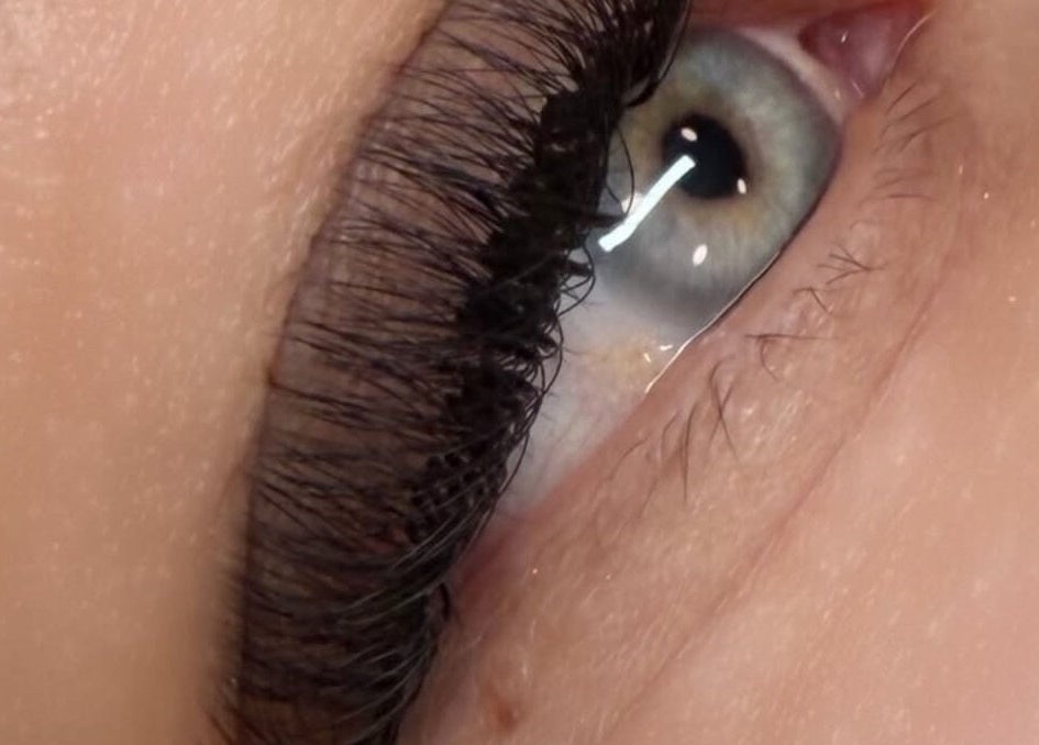 Close-up of expertly applied eyelash extensions at LASH VIBES, Calgary, Alberta, CA.