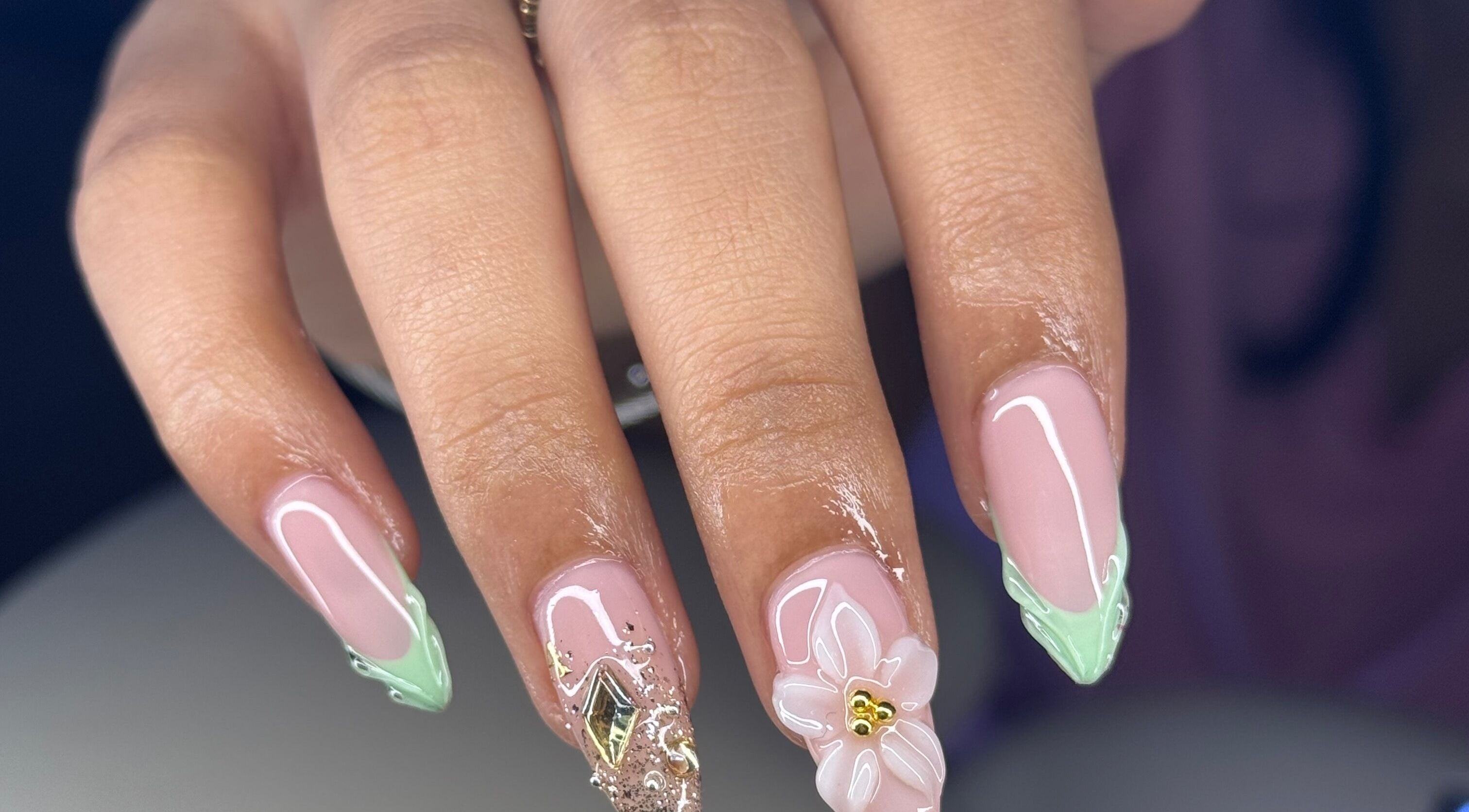 Elegant floral and gem-accented nails at Nailashed.sr, Paramaribo, Paramaribo, SR.