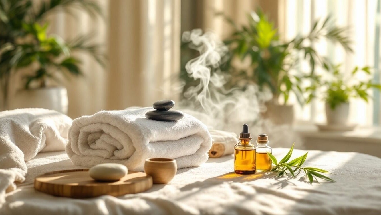 Relaxing spa setup with towels and oils at Natural Beauty Spa, Bellevue, Washington, US.