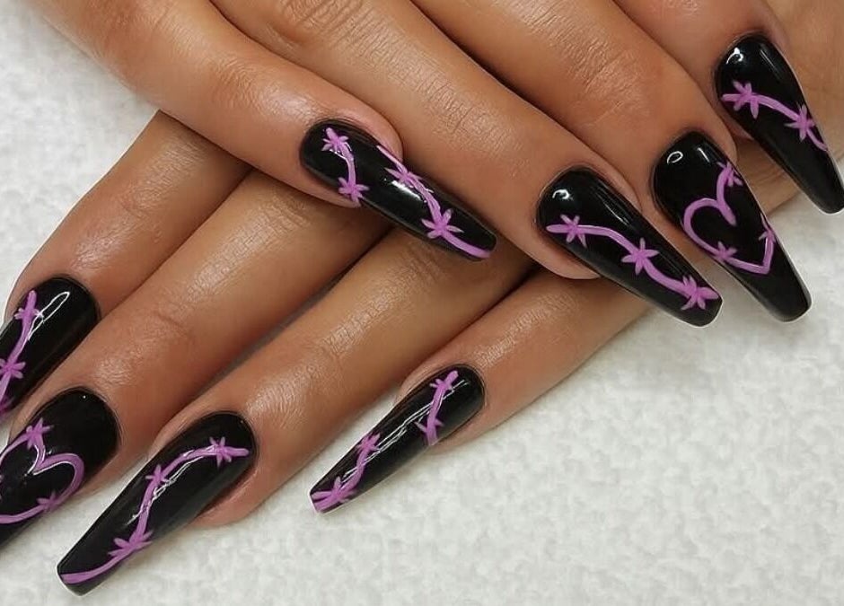 Chic black nails with purple designs from THE CUTICLE CONNECTION NEW, Alberton, Gauteng, ZA.