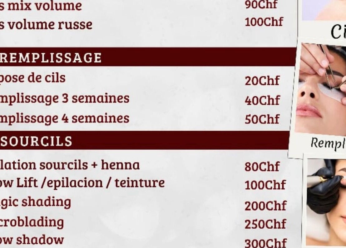 Lista de precios de servicios en Kerlys Beauty Geneve, Genève, Genève, CH incluyendo extensiones de pestañas.