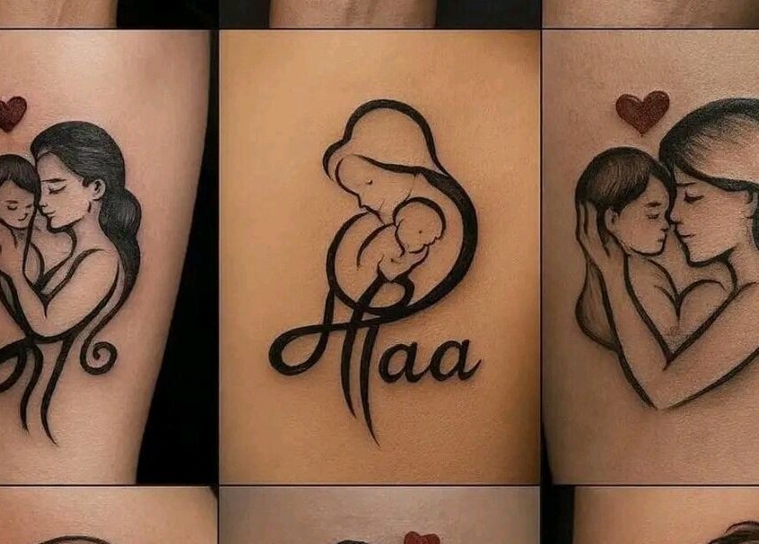 Mother-child tattoo designs at Tattoo with Khalifa Inc., George, Western Cape, ZA showcasing intricate lines.