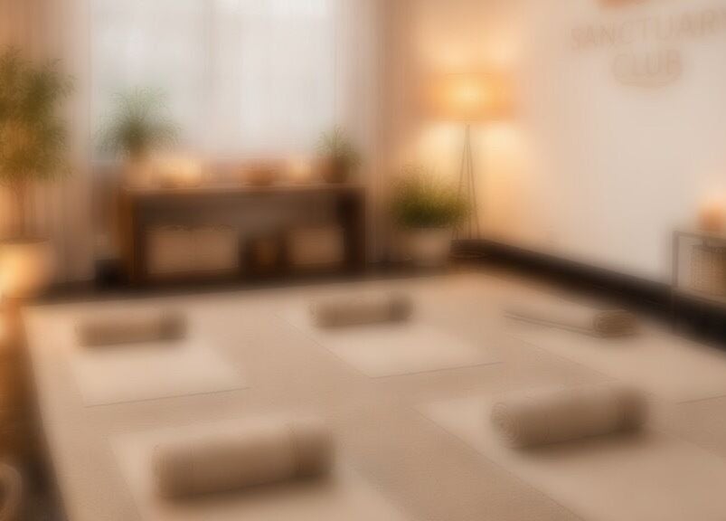Tranquil yoga room at Sanctuary Club in London, England, GB with mats and soft lighting.