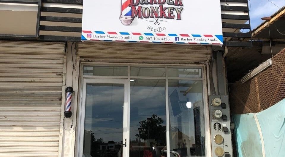 Front of Barber Monkey Studio, Culiacán Rosales, Sinaloa, MX showing signage and entrance.
