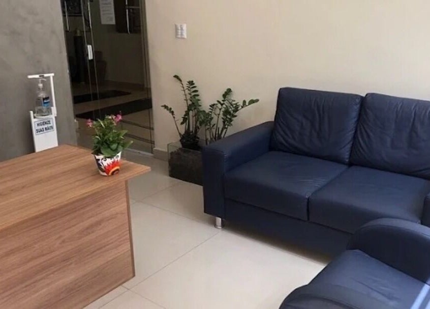 Recepção acolhedora na Estética Luciana Fortunato, São Paulo, BR, com sofá azul e decoração verde.