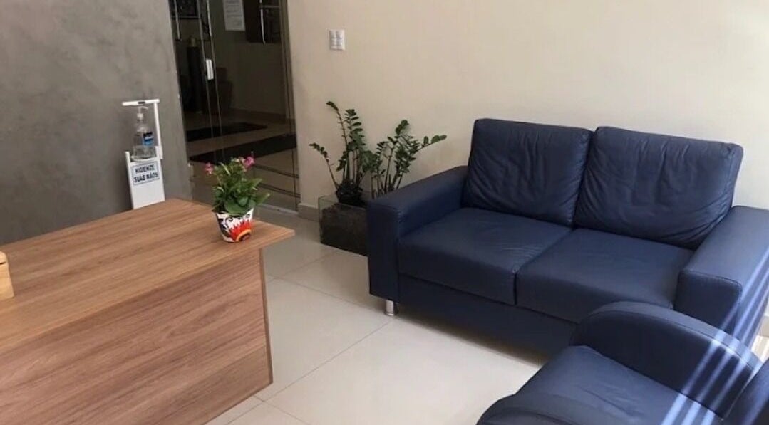 Recepção acolhedora na Estética Luciana Fortunato, São Paulo, BR, com sofá azul e decoração verde.