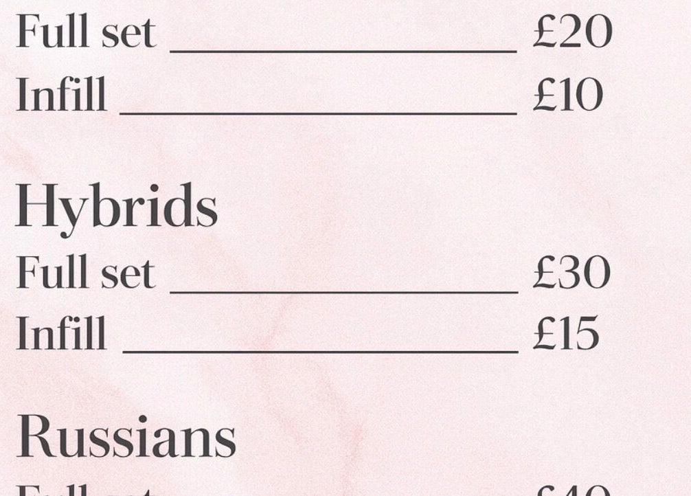 Lash extension pricing at LuxuryRoom in Kettering, England, GB featuring classic, hybrid, and Russian sets.