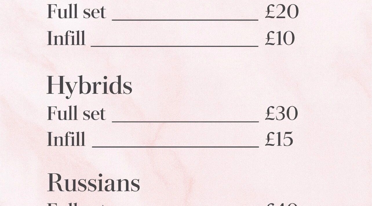 Lash extension pricing at LuxuryRoom in Kettering, England, GB featuring classic, hybrid, and Russian sets.