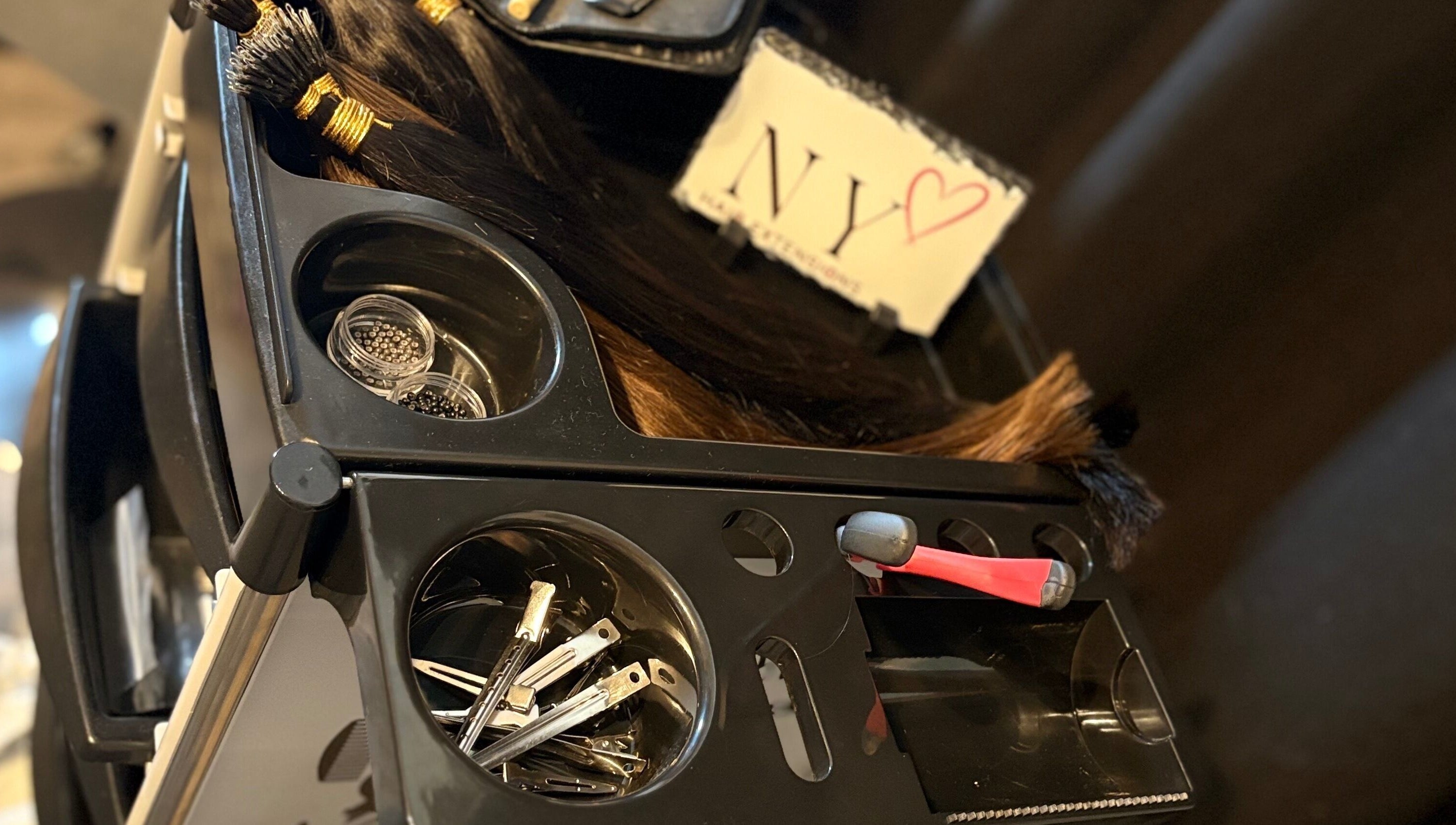 NYHairextensions tool cart with hair extensions and clips in Carlisle, England, GB.