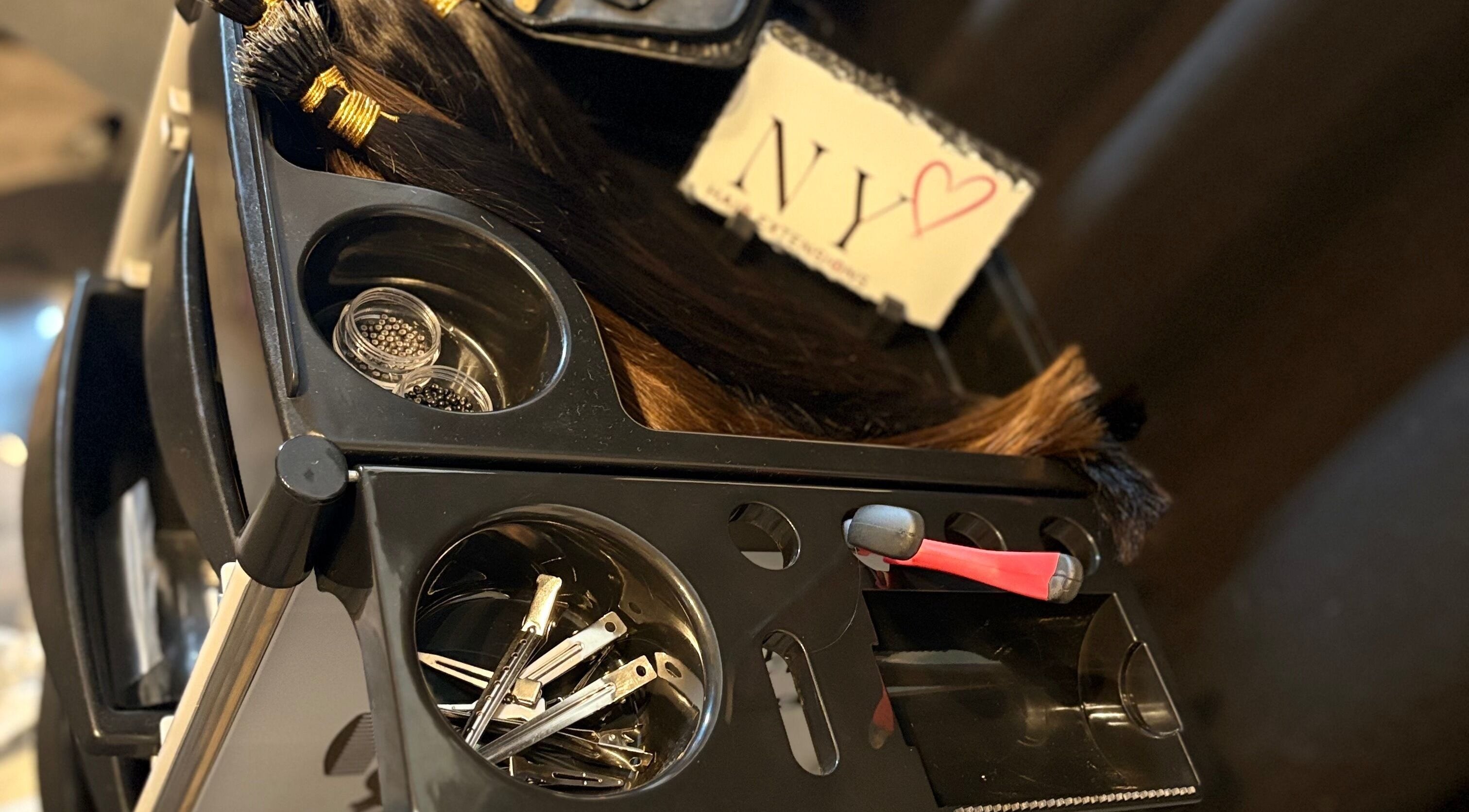 NYHairextensions tool cart with hair extensions and clips in Carlisle, England, GB.