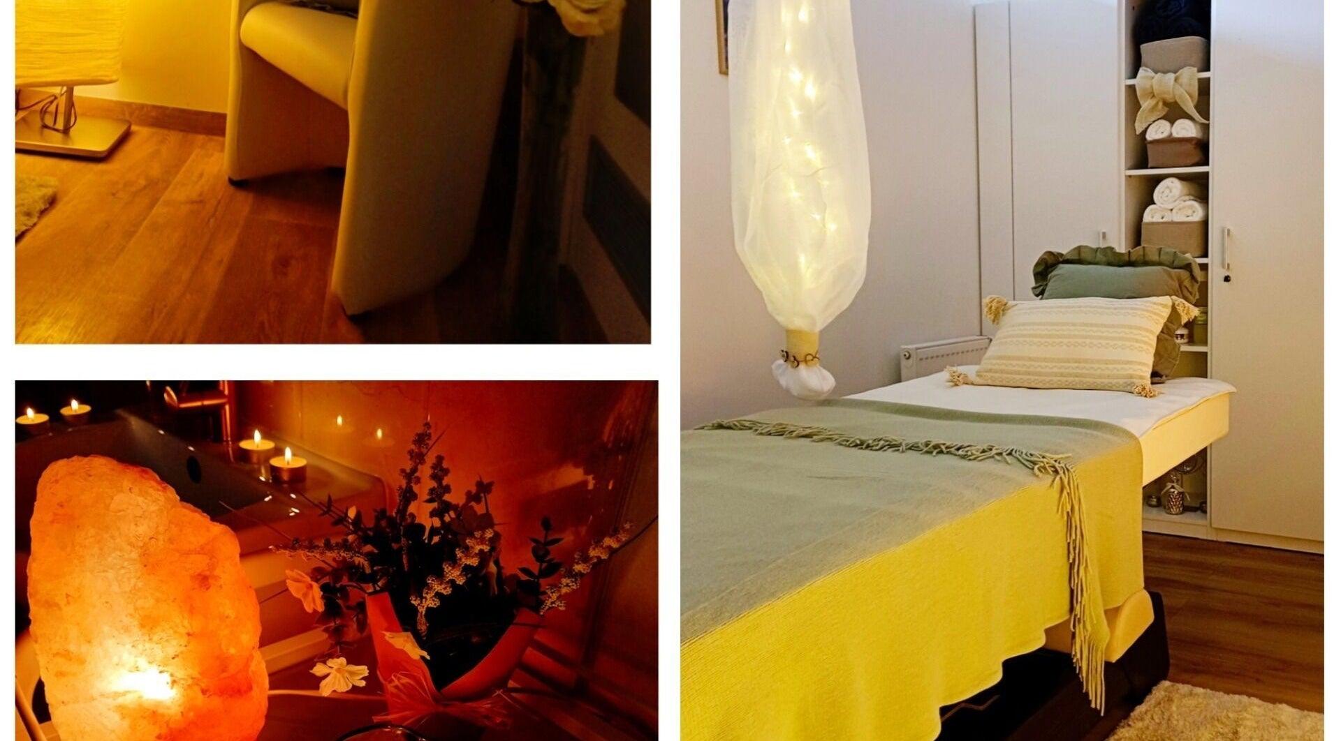 Uklidňující prostředí Masáže Niky v Hradec Králové, Královéhradecký Kraj, CZ s tlumeným osvětlením a svíčkami.