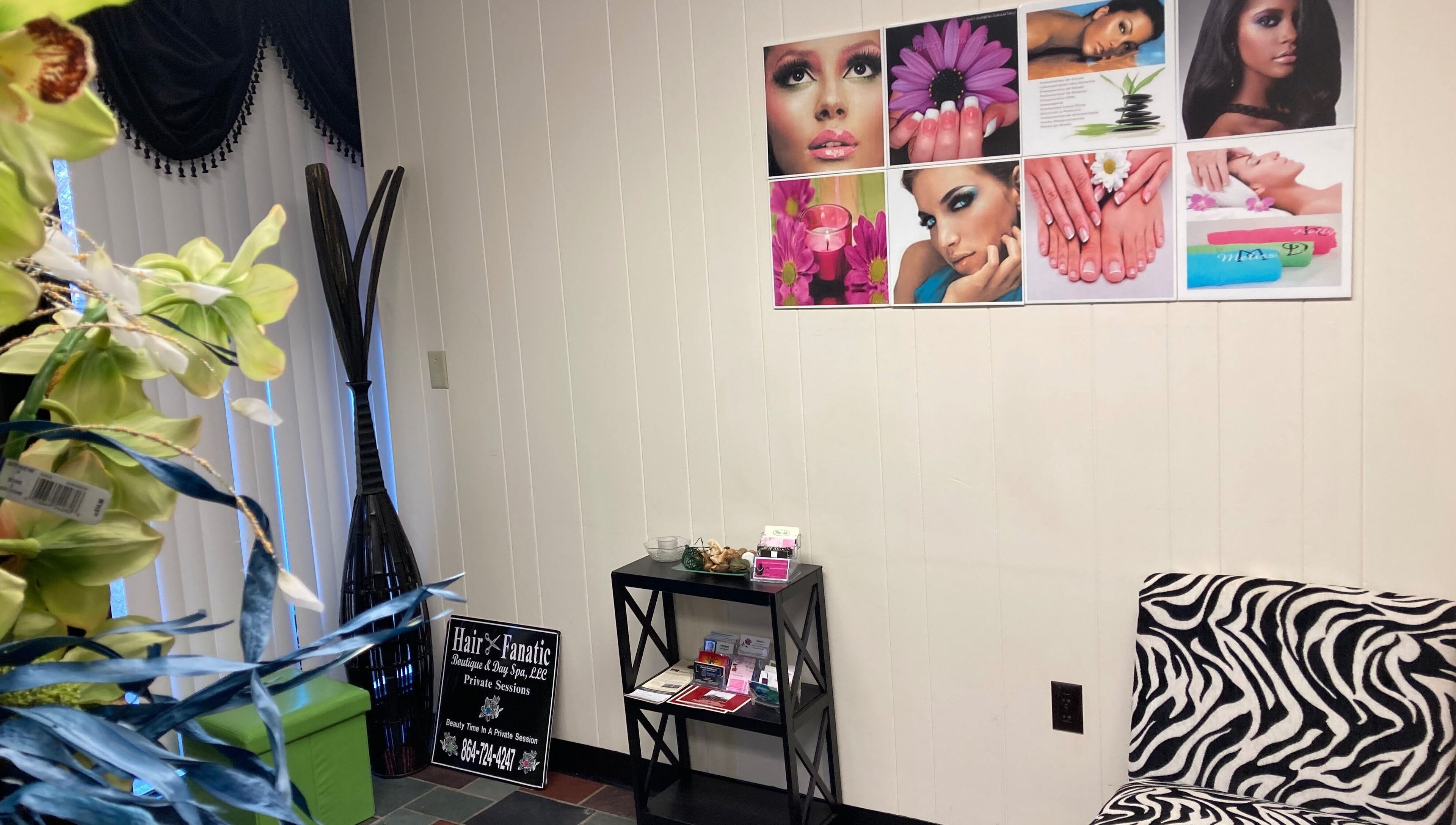 Interior of Hairfanaticboutique Llc, Columbia, South Carolina, US, showcasing beauty decor and seating.