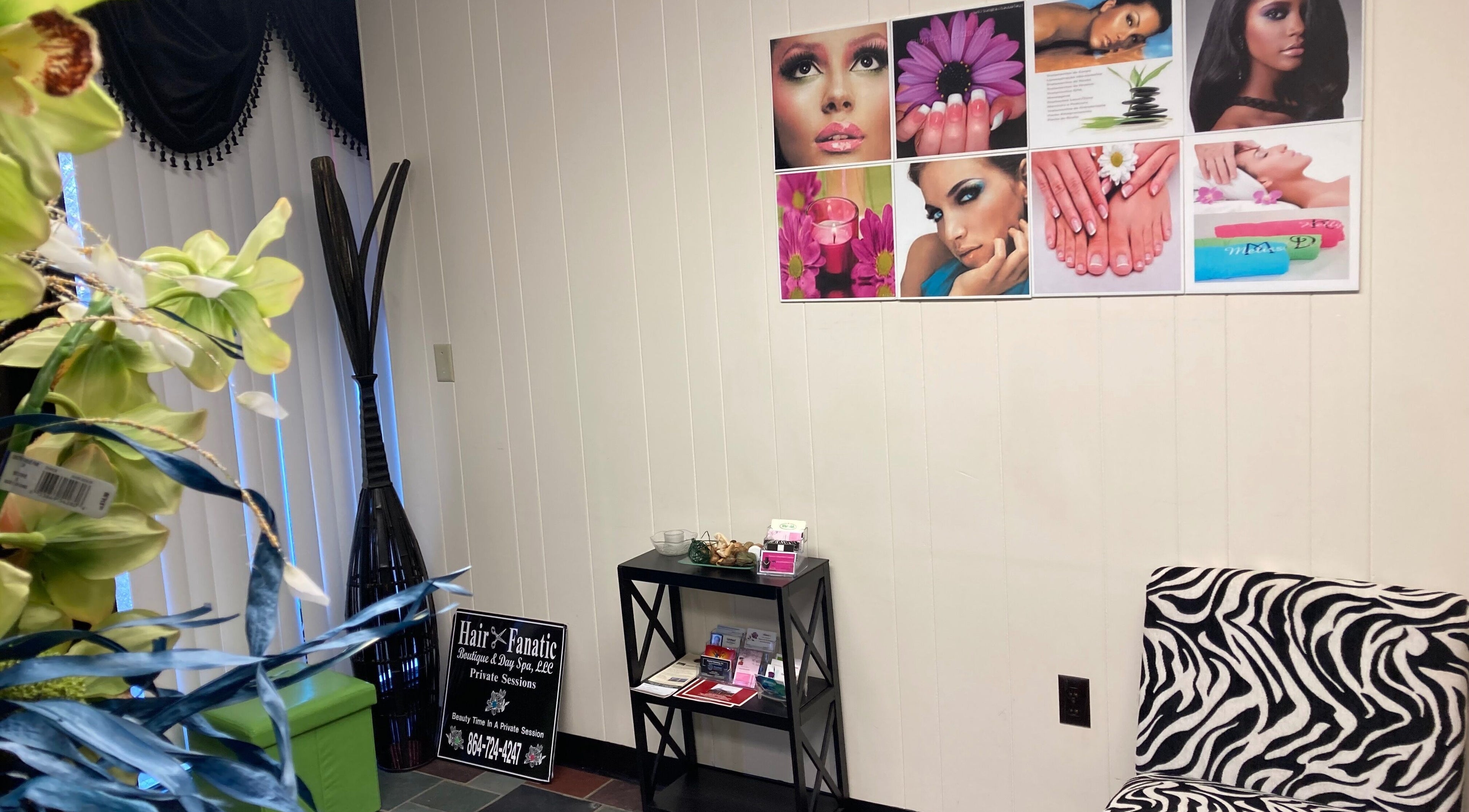 Interior of Hairfanaticboutique Llc, Columbia, South Carolina, US, showcasing beauty decor and seating.