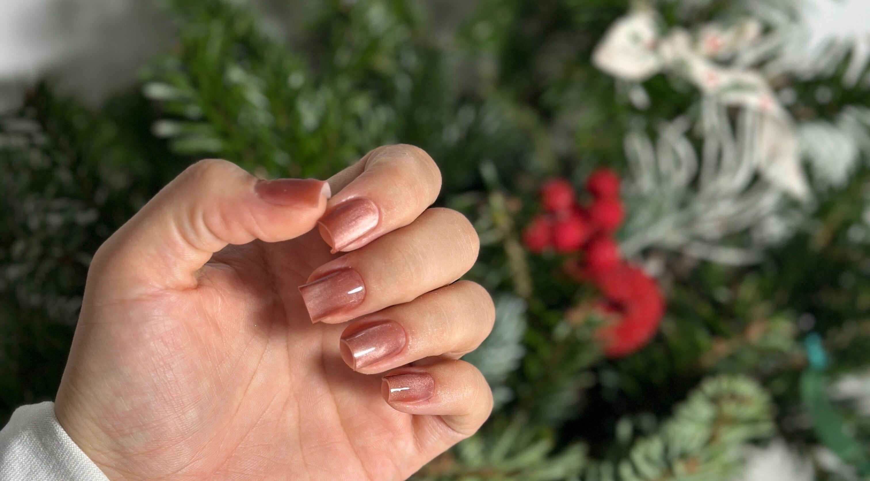 Рожева манікюра в Mariana Kurtash, Warszawa, Województwo Mazowieckie, PL на тлі зелених ялинкових гілок.