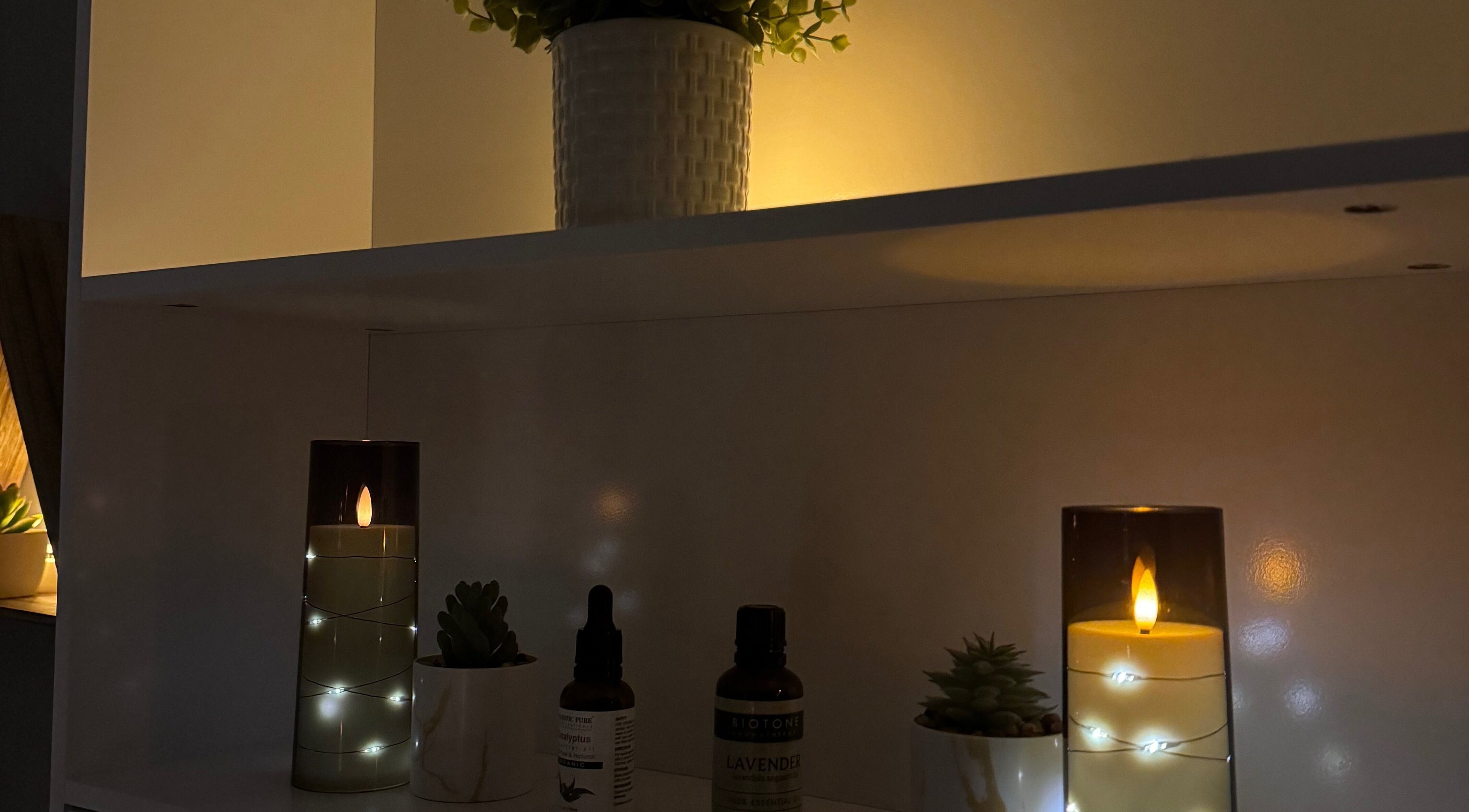 Warm candlelights and plant decor at StillPoint Massage & Bodywork, Leesburg, Virginia, US.