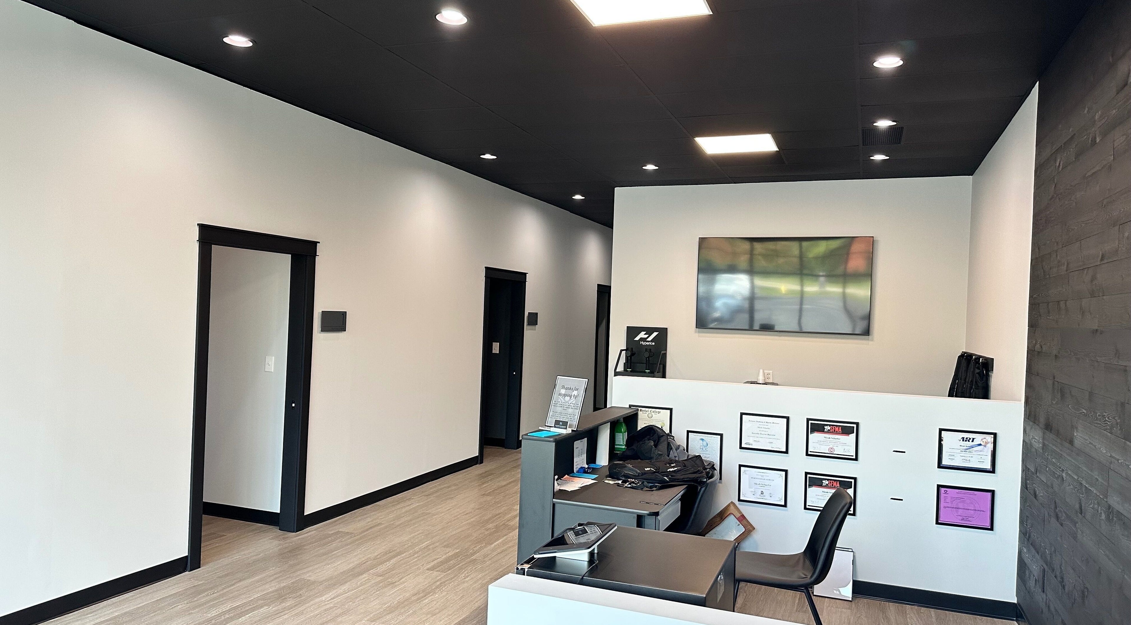 Sleek interior of Hyperformance Sports Recovery at Fitstop Granger in Granger, Indiana, US.