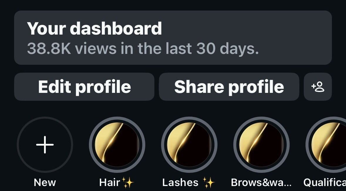 Chloe_luxe.studio dashboard showing 38.8K views in 30 days, Snodland, England, GB.