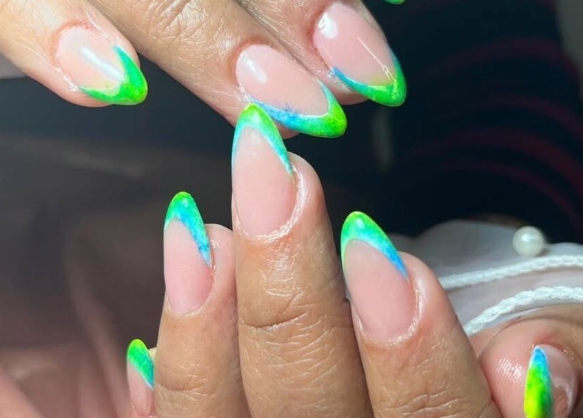 Bright green and blue nail art at Coco's Nails, Centurion, Gauteng, ZA.