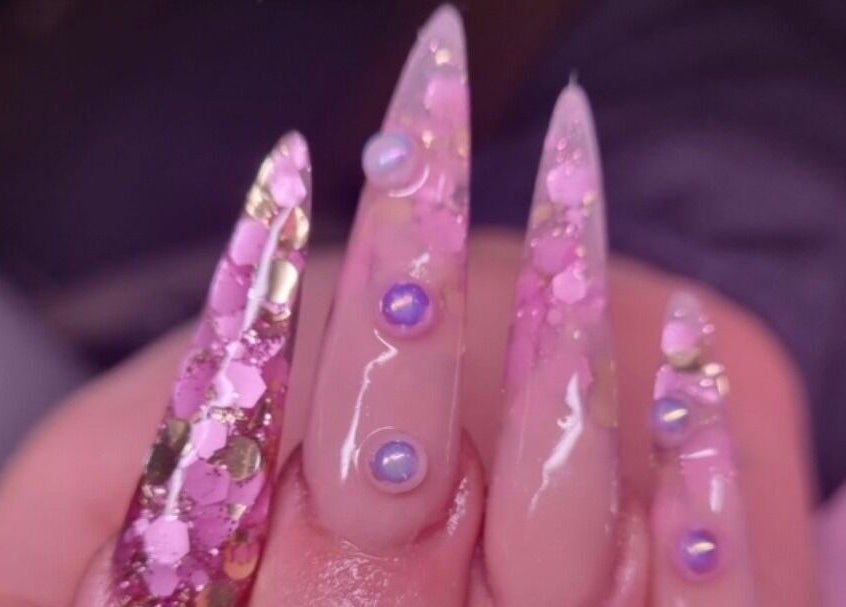 Stunning pink glitter and gem nail art by Nails by Stacey, Bilston, England, GB.