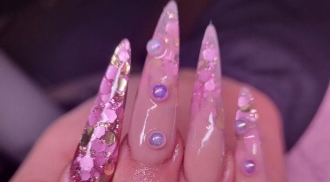 Stunning pink glitter and gem nail art by Nails by Stacey, Bilston, England, GB.